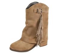 Fold Over Boots for Women Ankle, Suede Fold Over Boots for Women Fringe Tassel Block Heel Slouchy Boho Mid Calf Ankle Boot Western Cowboy Comfortable Chunky Heel Retro Tassels Dress Booties Khaki
