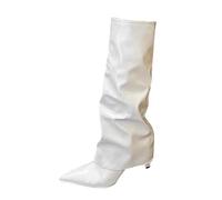 Fold Over Boots Knee High for Women, Women’s Fold Over Knee High Stiletto Boots Heels Pointed Toe Patent Dress Booties Elegant Party Boot Pull On Versatile Going Out Shoes for Woman Lady Beige