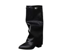 Fold Over Boots Women Wide Calf Casual Ladies Long Booties Stylish Square Toe Chunky Block Heel Comfy Pull On Mid Calf Boots Outdoor Party