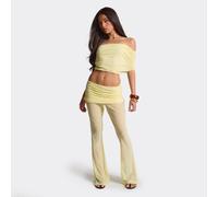 Fold Over Ruched Stretchy Skinny Flared Trousers In Lemon Chiffon, Women's Size UK XS