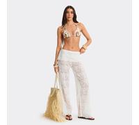 Fold Over Waist Straight Leg Trousers In White Paisley Crochet, Women's Size UK 8
