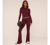 Fold Over Waistband Detail Flared Trousers In Burgundy, Women's Size UK 4