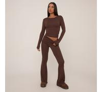 Fold Over Waistband Detail Flared Trousers In Chocolate Brown, Women's Size UK 16
