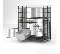 Foldable 2/3-Tier Cat Kennel with Litter Box & Locking Door, Indoor/Outdoor Rabbit Hutch for 2 Cats & Bunnies, Space-Saving Metal Pet House (Black, 77x52x100cm)