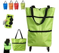 Foldable 2-in-1 Shopping Bag, 2 in 1 Lightweight Collapsible Shopping Cart, Folding Shopping Bag Cart, Wheels Reusable Shopping Bags Grocery Bags Shopping Travel Bag on Wheels 、Green