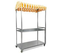 Foldable 2 Tier Market Cart with Striped Canopy Lockable Wheels Zinc Plated Steel Perfect for Hotels Parks Food Events and Street Vendors 120x60cm