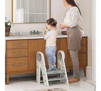 Foldable 3-Step Kids Stool with Adjustable Height for Bathroom and Kitchen Use, Non-Slip Surface in Grey and White
