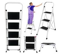 Foldable 3 Step Tread Ladder Portable Folding Metal Steel Stepladder Heavy Duty Step Stool with Safety Handrail Non Slip Feet, Perfect for Home, Office, Warehouse, Supermarket