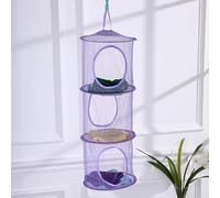 Foldable 3-Tier Hanging Mesh Organiser Basket for Nursery-Breathable Nylon & Metal Wire 3 Compartments Toy Storage Net for Soft Toys & Small Clothes, Space-Saving Wardrobe/Bedroom Storage(Lila)