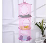 Foldable 3-Tier Hanging Mesh Organiser Basket for Nursery-Breathable Nylon & Metal Wire 3 Compartments Toy Storage Net for Soft Toys & Small Clothes, Space-Saving Wardrobe/Bedroom Storage(Rosa)