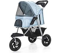 Foldable 3 Wheels Cat Dog Pushchair Trolley with Cup Holders Storage Basket Pet Travel Stroller Disassemble and Easy to Clean (Black) (Blue)