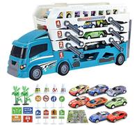 Foldable 4 Layer Race Track Carrier, Carrier Truck Transport Car Toys with Car Track Playset, 8 Metal Toy Cars, Maps and Roadblocks, Christmas Birthday Toy Gifts for Toddler Boys Girls(Green)