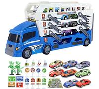 Foldable 4 Layer Race Track Carrier, Carrier Truck Transport Car Toys with Car Track Playset, 8 Metal Toy Cars, Maps and Roadblocks, Christmas Birthday Toy Gifts for Toddler Boys Girls(Blue)