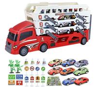 Foldable 4 Layer Race Track Carrier, Carrier Truck Transport Car Toys with Car Track Playset, 8 Metal Toy Cars, Maps and Roadblocks, Christmas Birthday Toy Gifts for Toddler Boys Girls(Red)