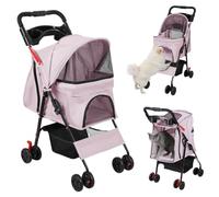 Foldable 4-Wheel Pet Stroller for Dogs & Cats - Portable Lightweight Mesh Window Cup Holder & Storage Basket Supports Pets Up to 22 lbs Ideal for Small Animals Cute Pink