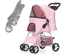 Foldable 4 Wheels Pet Stroller, Dog Cat Jogger Stroller,Lightweight Travel Medium Small Dogs/Cats Up to 33Lbs,with Storage Basket Cup Holder(Light Pink)