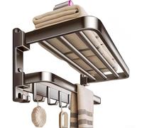 Foldable Aluminum Towel Rack Wall Mounted with Hooks and Shelf Space Saving Bars Gunmetal Finish for Bathroom Laundry Room