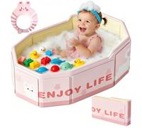 Foldable Baby Bath - Portable Folding Bathtub for Ages 0-8 with Children's Shower Cap, Non-Slip Collapsible Newborn Shower Basin with Drain Plug, Space Saving for Indoor and Outdoor Use, Floral Pink