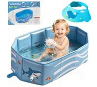 Foldable Baby Bath Tub, Collapsible Baby Bathtub, Blue Ocean Pattern, Portable Space-Saving Infant Bathtub with Quick Drain for Home Shower Room Travel for Indoor Outdoor Use, Pet Bath Tub