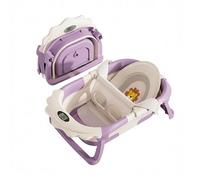 Foldable Baby Bathtub with Thermometer and Bath Cushion Support - Digital Temperature Display - Lion Model Purple and White