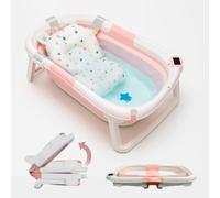 Foldable Baby Bathtub with Thermometer & Soft Cushion - Portable, Space-Saving, Travel, Non-Slip Design for Newborns, Infants, & Toddlers, Safety Plug & Bonus Rubber Duck (Pink)