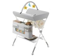 Foldable Baby Changing Table with Wheels,Adjustable Height Diaper Station, Portable Nursery Organizer with Storage Basket & Clothes Rail,Lockable Mobile Unit for Bath, Massage & Nappy Changes,0-12M