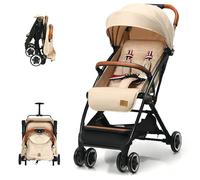 Foldable Baby Stroller, Lightweight Toddler Travel Pushchair for Airplane, Compact Infant Buggy with 5-Point Harness, Adjustable Backrest Footrest Canopy, Storage Basket (Natural)