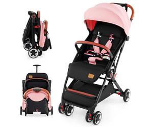 Foldable Baby Stroller, Lightweight Toddler Travel Pushchair for Airplane, Compact Infant Buggy with 5-Point Harness, Adjustable Backrest Footrest Canopy, Storage Basket (Coral Pink)