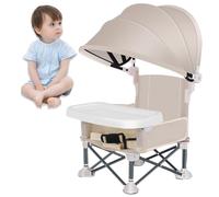 Foldable Baby Travel Seat Booster with Canopy and Removable Tray, Portable Toddler Camping Chair, Portable Dining Table, Camping, Beach, Kitchen Feeding Chairs (Beige)