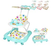 Foldable Baby Walker Anti-Rollover with Canopy, Push Handle & Music Tray | 5-Level Height Adjustable 360° Rotating Wheels, Anti-Leg-Bow Baby Walking Aid for 6-18 Months Toddler, Mesh Seat Pad