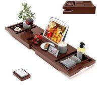 Foldable Bamboo Bathtub Caddy Tray Expandable for Luxury Bath, Bath Accessories & Table with Wine Glass Holder, Book Stand Bathroom Organizer with Extending Sides for Men/Women,Brown