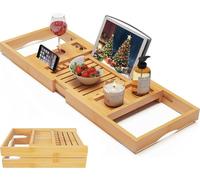 Foldable Bamboo Bathtub Caddy Tray Expandable for Luxury Bath, Bath Accessories & Table with Wine Glass Holder, Book Stand Bathroom Organizer with Extending Sides for Men/Women