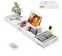 Foldable Bamboo Bathtub Caddy Tray Expandable for Luxury Bath, Bath Accessories & Table with Wine Glass Holder, Book Stand Bathroom Organizer with Extending Sides for Men/Women,White