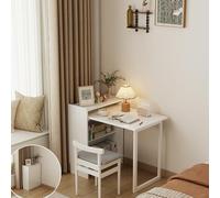 Foldable Bamboo Desk with Storage - Compact Home Computer Table for Bedroom Study or Balcony - White Single-Layer Folding Table with Bench