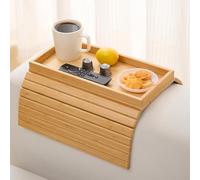 Foldable Bamboo Sofa Arm Tray, Couch Side Table with Anti-Slip Edge, Cup Holder for Armchair or Sofa, Armrest Organiser for Drinks, Phone, Remote Control & Snacks
