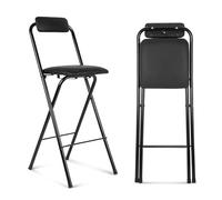 Foldable Bar Stool with Padded Seat, 65cm Height, 70cm Folding Stool with Backrest, Black Metal High Kitchen Chair, Perfect for Café & Bistro 75cm Size