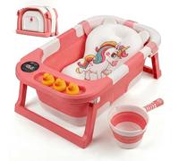 Foldable Bathtub Baby for Infants & Toddlers w/ Thermometer, Drain Plug with Heat Sensor & Scoop - Compact Folding Travel Baby Bath Space-Saving Collapsible Bath for Travel, Shower & Small Bathrooms