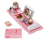 Foldable Bathtub Caddy Tray, Bamboo Bath Tub Tray Table for Tub with Wine Glass Holder Book Phone Tablet Holder with Extending Sides, Adjustable Bathroom Bathtub Free Soap Holder Gift Idea (Pink)
