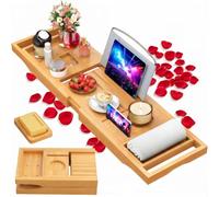 Foldable Bathtub Caddy Tray, Bamboo Bath Tub Tray Table for Tub with Wine Glass Holder Book Phone Tablet Holder with Extending Sides, Adjustable Bathroom Bathtub Free Soap Holder Gift Idea (Beige)