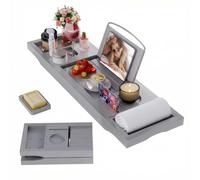 Foldable Bathtub Caddy Tray, Bamboo Bath Tub Tray Table for Tub with Wine Glass Holder Book Phone Tablet Holder with Extending Sides, Adjustable Bathroom Bathtub Free Soap Holder Gift Idea (Grey)