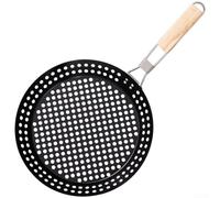 Foldable BBQ Grill Pan, Iron Mesh Griddle with Wooden Handle, Perforated Flat Bottom for Even Heat, Outdoor Cooking Plate for Stovetop, Camping and Garden
