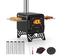 Foldable Camping Tent Stove with 5 Chimney Pipes, Viewing Window, Panels & Poker, Portable Carbon Steel Wood Burning Camping Stove for Outdoor Cooking and Heating