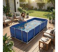 Foldable Canvas Fish Pond Tank, Above Ground Koi Goldfish Turtle Breeding Pool with Drain Valve, Cuboid Aquarium Water Storage for Ornamental Aquatic Life