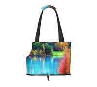 Foldable Cat Carrier Dog Shoulder Bag, Colorful Trees Lake River Pond Pet Tote Bag, Waterproof Collapsible Pet Tote For Small Dogs, Breathable Travel Carrier With Safety Hook & Viewing Window