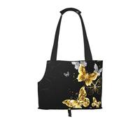 Foldable Cat Carrier Dog Shoulder Bag, Gold White Butterflies Black Pet Tote Bag, Waterproof Collapsible Pet Tote For Small Dogs, Breathable Travel Carrier With Safety Hook & Viewing Window