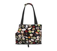 Foldable Cat Carrier Dog Shoulder Bag, Japanese Sushi Black Pet Tote Bag, Waterproof Collapsible Pet Tote For Small Dogs, Breathable Travel Carrier With Safety Hook & Viewing Window (34x36x15.5 Cm)