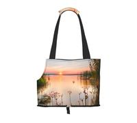 Foldable Cat Carrier Dog Shoulder Bag, Lake View With Flowers Leaves Pet Tote Bag, Waterproof Collapsible Pet Tote For Small Dogs, Breathable Travel Carrier With Safety Hook & Viewing Window