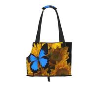 Foldable Cat Carrier Dog Shoulder Bag, Yellow Sunflowers With Blue Butterflies Pet Tote Bag, Waterproof Collapsible Pet Tote For Small Dogs, Breathable Travel Carrier With Safety Hook & Viewing Window