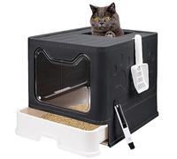 Foldable Cat Litter Box with Lid, Enclosed Potty, Large Top Entry Anti-Splashing Toilet, Easy to Clean Including Litter Scoop and 2-in-1 Cleaning Brush (Black)