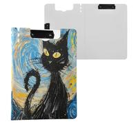 Foldable Clipboard Van Gogh-Style Black Cat A4 Clipboard with Binder Double Clips Pen Holder Office Clip Board with Hard Cover
